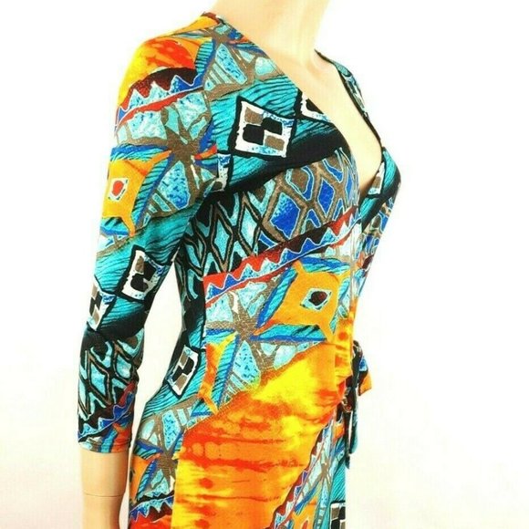 Anthropologie From The Heart Deco Print Wrap Front Dress Size S Fits Large - Picture 4 of 9